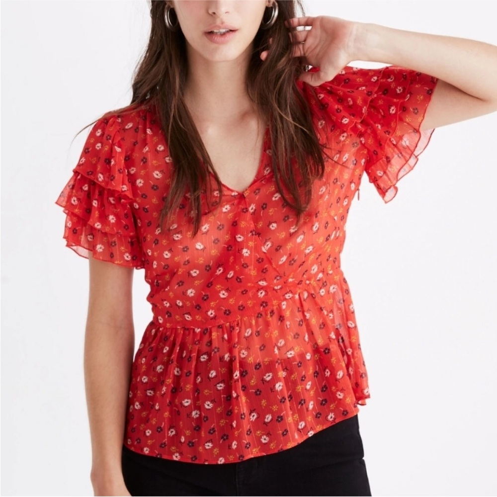 Madewell Tiered-Sleeve‎ Peplum Top in Metallic Prairie Posies Size 8